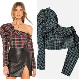Petersyn NWT Holly Top‎ Dorset green plaid puffed sleeve one shoulder festive